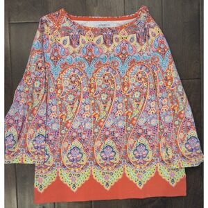 Talbots Salmon Peach Blue Yellow Paisley Floral Knit Size Large Top 3/4 Sleeve